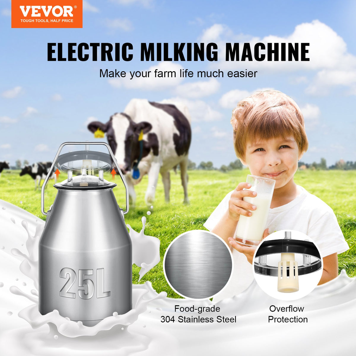 VEVOR Electric Cow Milking Machine, 6.6 Gal / 25 L 304 Stainless Steel Bucket, Automatic Pulsation Vacuum Milker, Portable Milker with Food-grade Silicone Cups and Tubes, - YDSJNJC25L3040BN2V1 - view 2