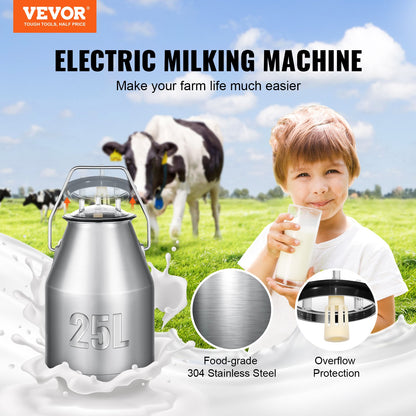VEVOR Electric Cow Milking Machine, 6.6 Gal / 25 L 304 Stainless Steel Bucket, Automatic Pulsation Vacuum Milker, Portable Milker with Food-grade Silicone Cups and Tubes, - YDSJNJC25L3040BN2V1 - view 2