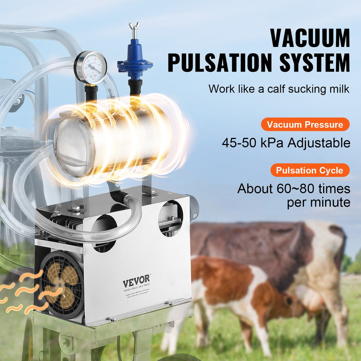 VEVOR Electric Cow Milking Machine, 6.6 Gal / 25 L 304 Stainless Steel Bucket, Automatic Pulsation Vacuum Milker, Portable Milker with Food-grade Silicone Cups and Tubes, - YDSJNJC25L3040BN2V1 - view 3