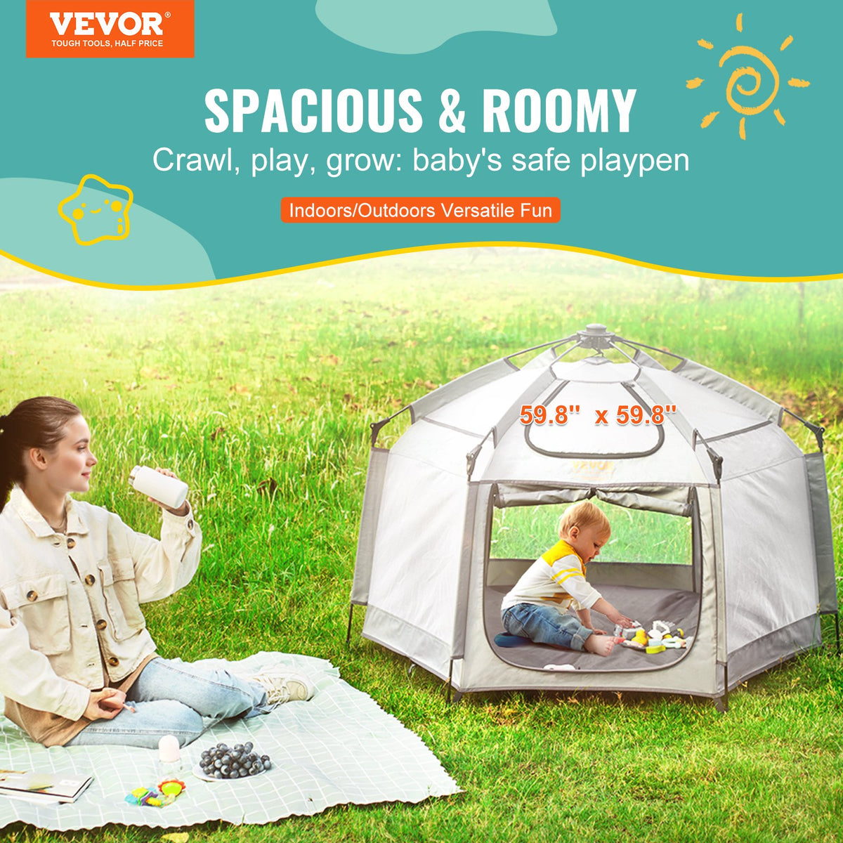 VEVOR Baby Playpen with Canopy, Indoor/Outdoor Portable Playpen for Babies and Toddler, Lightweight & Foldable, Pop Up Toddler Play Yard with 3 Sun-Shades & Travel Bag for Park - YEWSHLBYSWHL9TUE0V0 - view 2