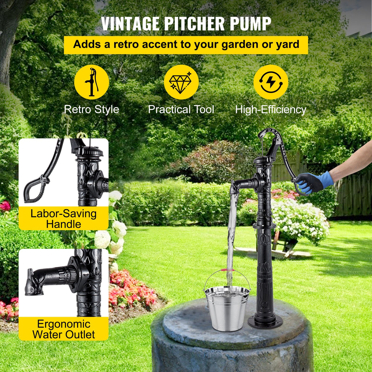 VEVOR Hand Water Pump with Stand 15.7 x 9.4 x 53.1 inch Pitcher Pump & 26 inch Pump Stand with Pre-set 1/2\" Holes for Easy Installation Rustic Cast Iron Well Pump for Yard Garden  - YFGBJZTHS8S5H55ANV0 - view 2