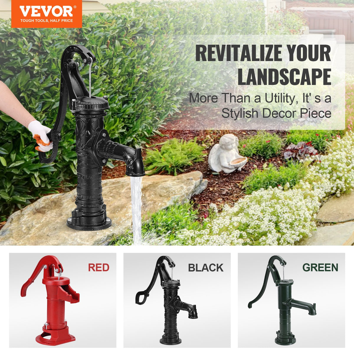 VEVOR Antique Well Hand Pitcher Pump, 22ft Maximum Lift, Cast Iron Manual Hand Water Pump with Ergonomic Handle NPT1-1/4" Easy Installation, Old Fashioned for Outdoor Home Yard Gar - YGHSFB1GO21CEWXJ3V0 - view 2