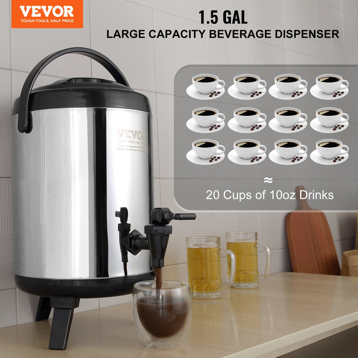 VEVOR Stainless Steel Insulated Beverage Dispenser, 1.5 Gallon 6 Liter, Thermal Hot and Cold Drink Server Dispenser with Spigot Handle, Food-grade for Hot Tea Coffee Water - YLHLQQYX8L00TYE16V0 - view 2