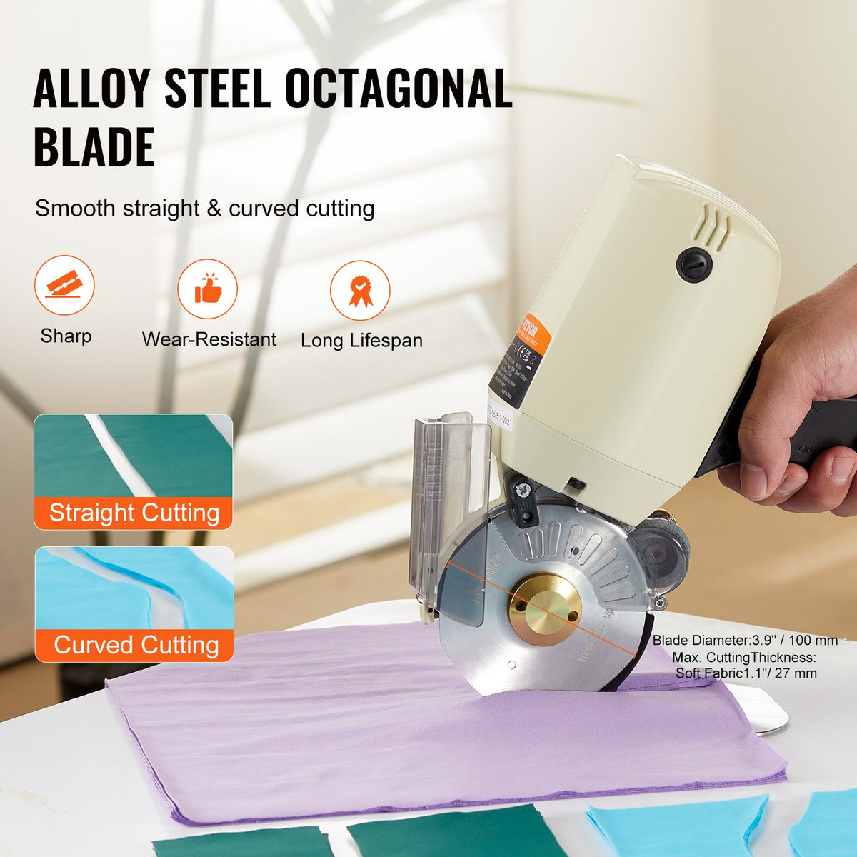 VEVOR Fabric Cutter, 250W Electric Rotary Fabric Cutting Machine, 1.1" Cutting Thickness, Octagonal Knife, with Replacement Blade and Sharpening Stones, for Multi-Layer Cloth - YSQBJ250WYS1RPOJJV1 - view 3