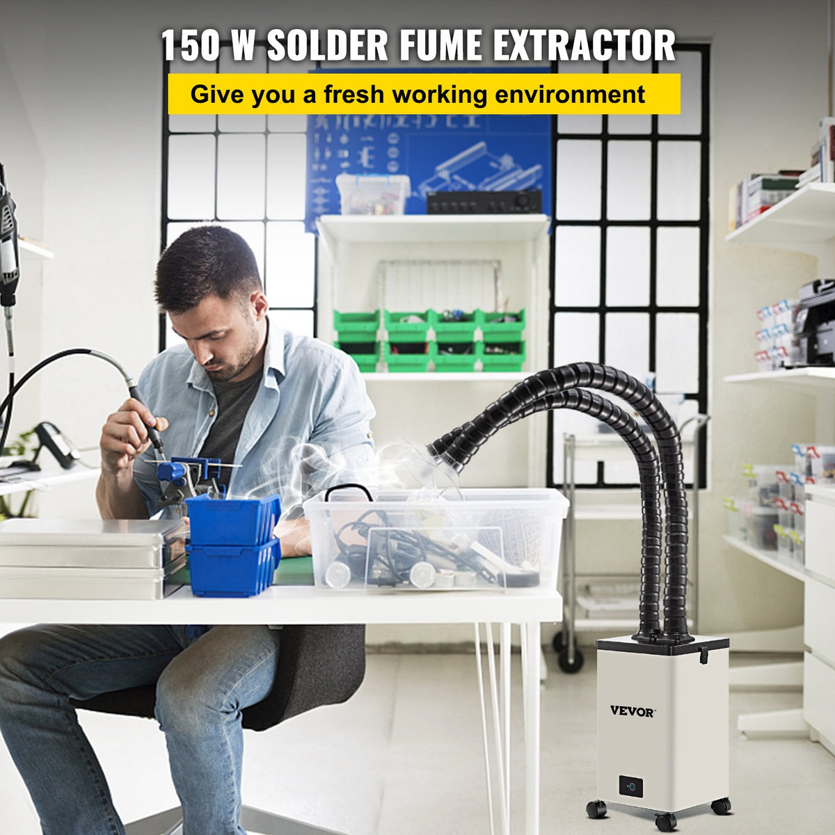 VEVOR Solder Fume Extractor, 150W 165CFM Soldering Smoke Extractor with 3-Stage Filters, 3 Speed Adjustable Smoke Absorber and Purifier for Soldering, Engraving, DIY Welding, Salon - YW150W110220VI9FMV5 - view 2