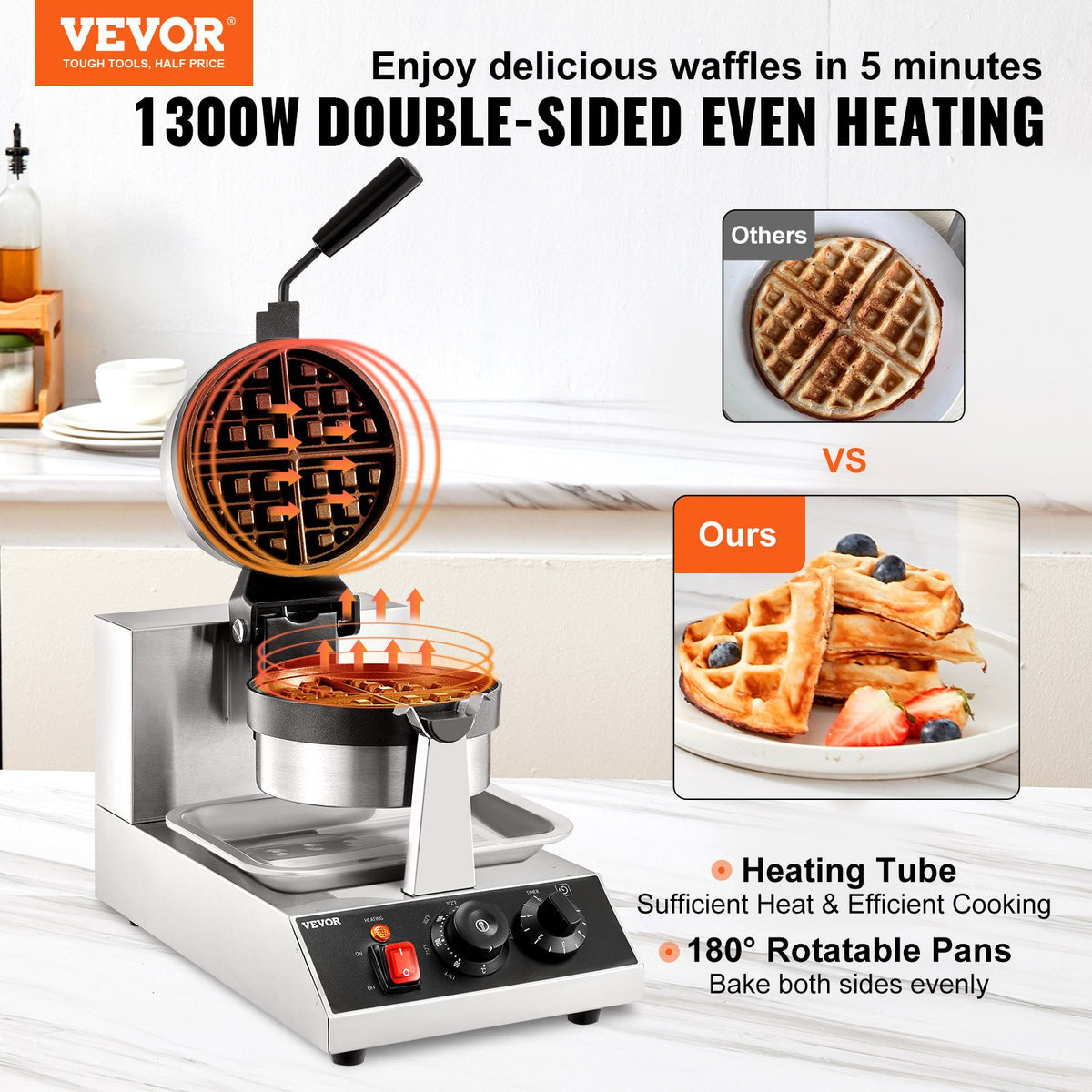 VEVOR Commercial Waffle Maker, 1 Piece per Batch, 1300W Round Waffle Iron, Non-Stick Waffle Baker Machine with 122-572℉ / 50-300℃ Temp Range Teflon-Coated Baking Pans Stainless - YXHFBJHFBFGZ46VD6V1 - view 2