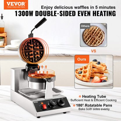 VEVOR Commercial Waffle Maker, 1 Piece per Batch, 1300W Round Waffle Iron, Non-Stick Waffle Baker Machine with 122-572℉ / 50-300℃ Temp Range Teflon-Coated Baking Pans Stainless - YXHFBJHFBFGZ46VD6V1 - view 2