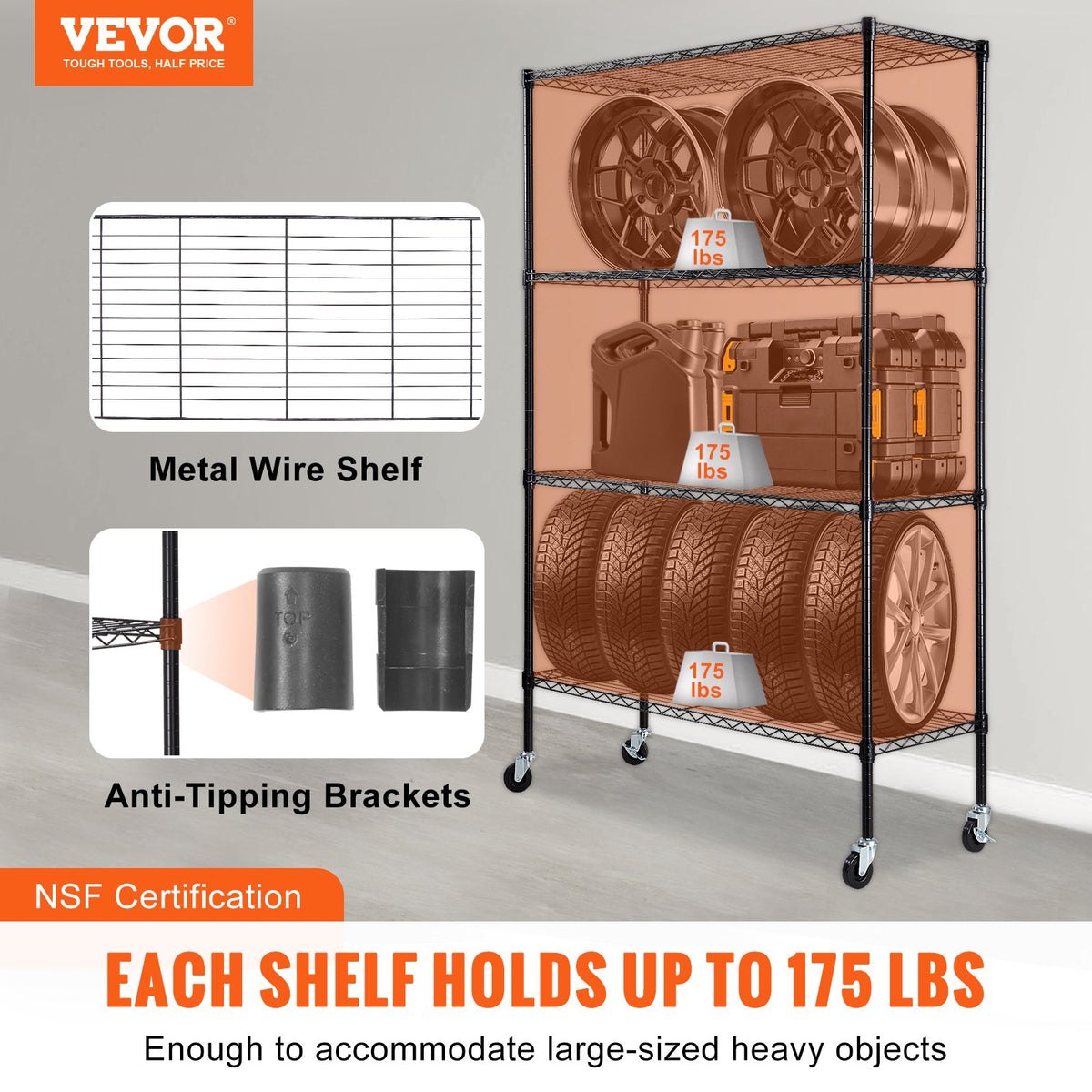 VEVOR Storage Shelving Unit with Wheels, 4-Tier Adjustable, 700 lbs Capacity, Heavy Duty Garage Shelves Metal Organizer Wire Rack, Black, 47.2" L x 17.7" W x 74" H for Kitchen Pantry Basement Bathroom - YXLZLKHJC18DXZ4I6V0 - view 2