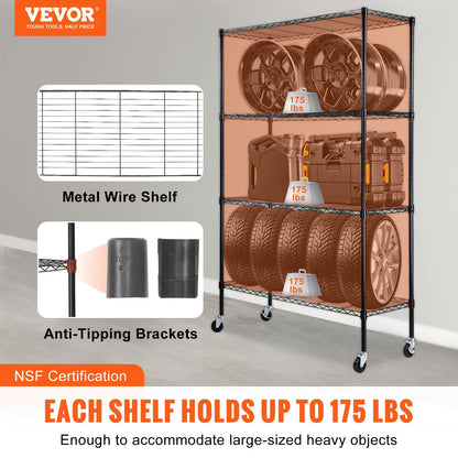 VEVOR Storage Shelving Unit with Wheels, 4-Tier Adjustable, 700 lbs Capacity, Heavy Duty Garage Shelves Metal Organizer Wire Rack, Black, 47.2" L x 17.7" W x 74" H for Kitchen Pantry Basement Bathroom - YXLZLKHJC18DXZ4I6V0 - view 2
