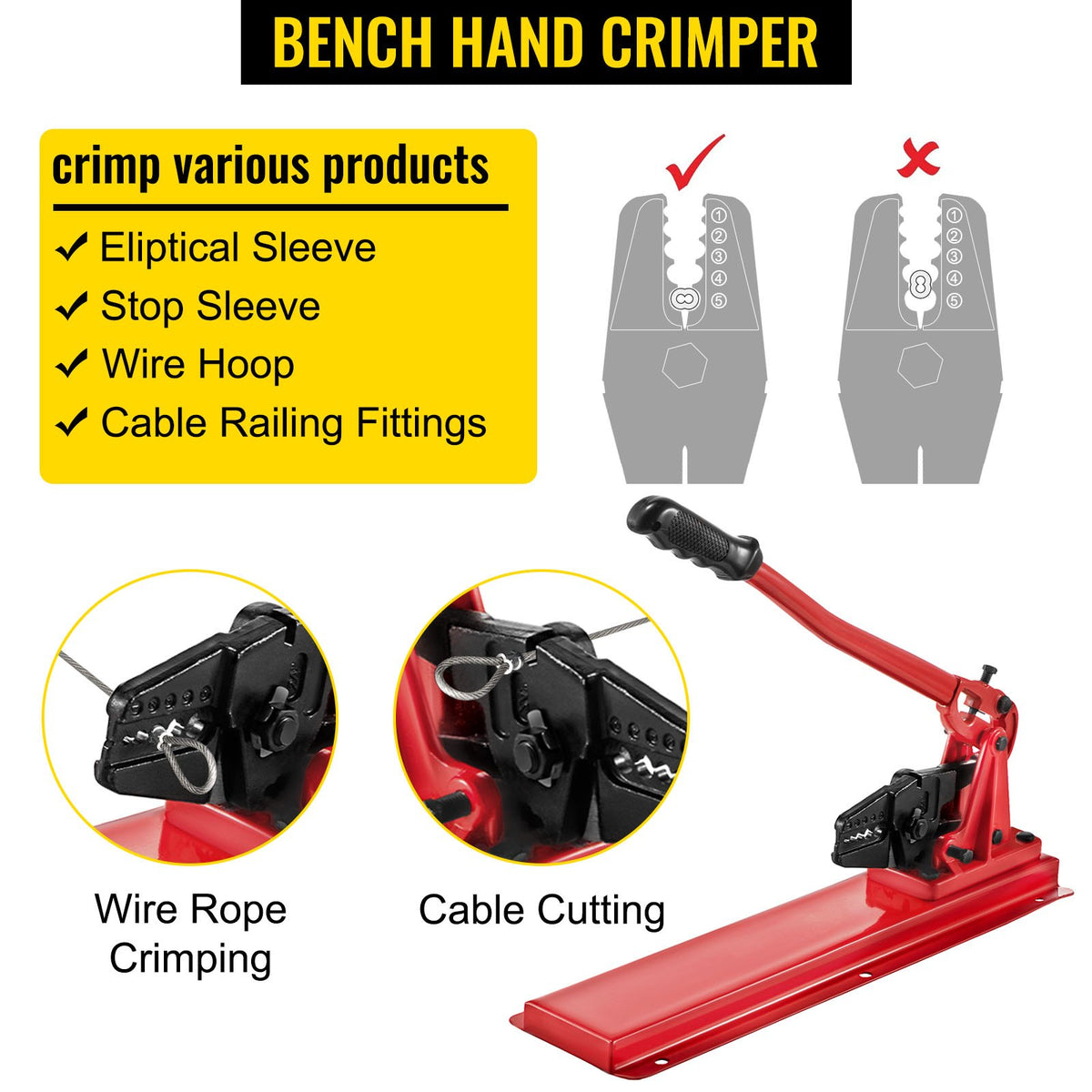 VEVOR Bench Swager Tool 24\" Wire Rope Swaging Tool with Crimper Cable Bolt Cutter Head Bench Crimper 1/16\"-3/16\" Aluminum/Copper Sleeves Bench Cable Alloy Steel Crimper Swager - YXQZSZHGJ00000001V0 - view 3