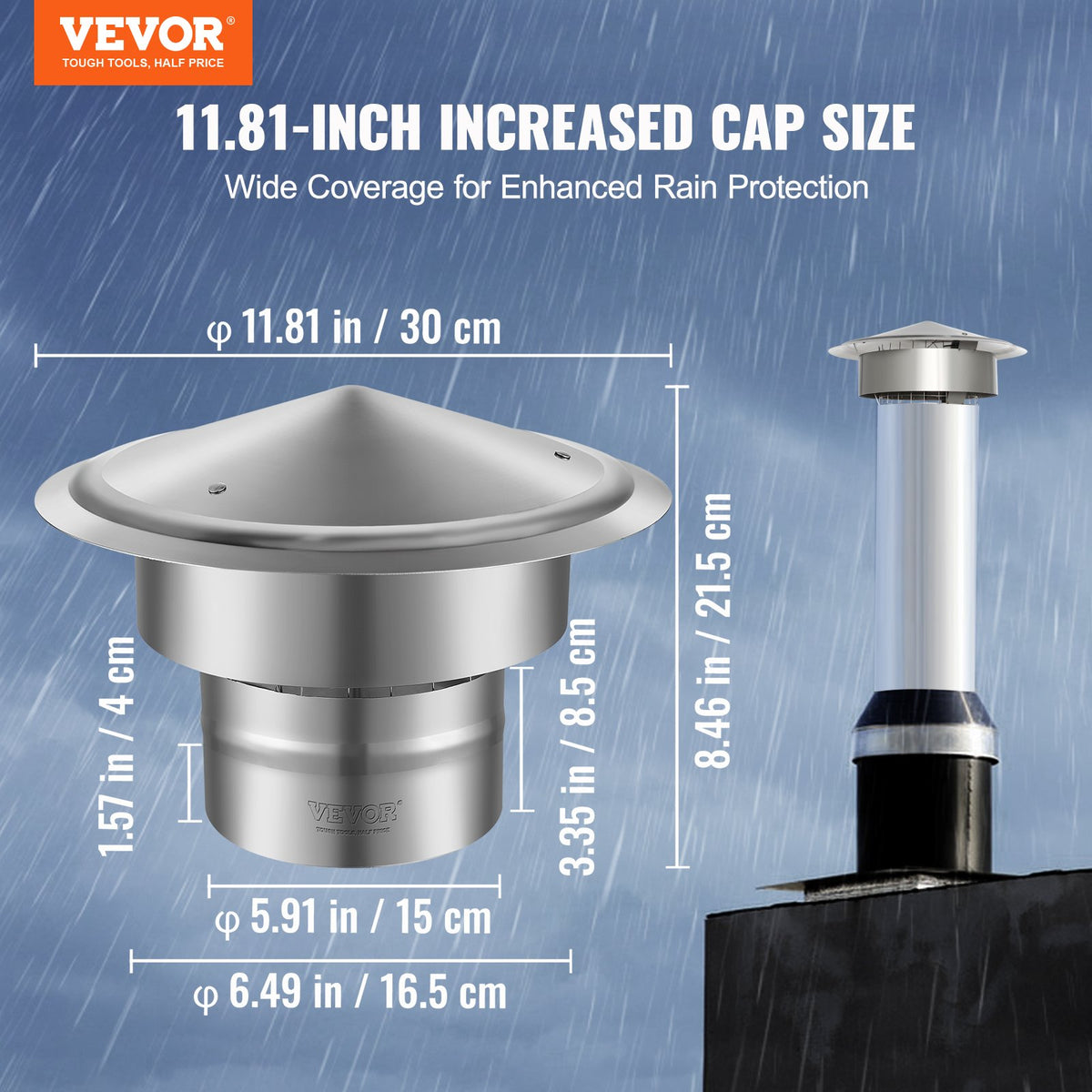 VEVOR Chimney Cap, 6 inch, 304 Stainless Steel Round Roof Rain Cap, 11.81-inch Increased Caps, All Weather & Reinforced Screws & Easy Installation