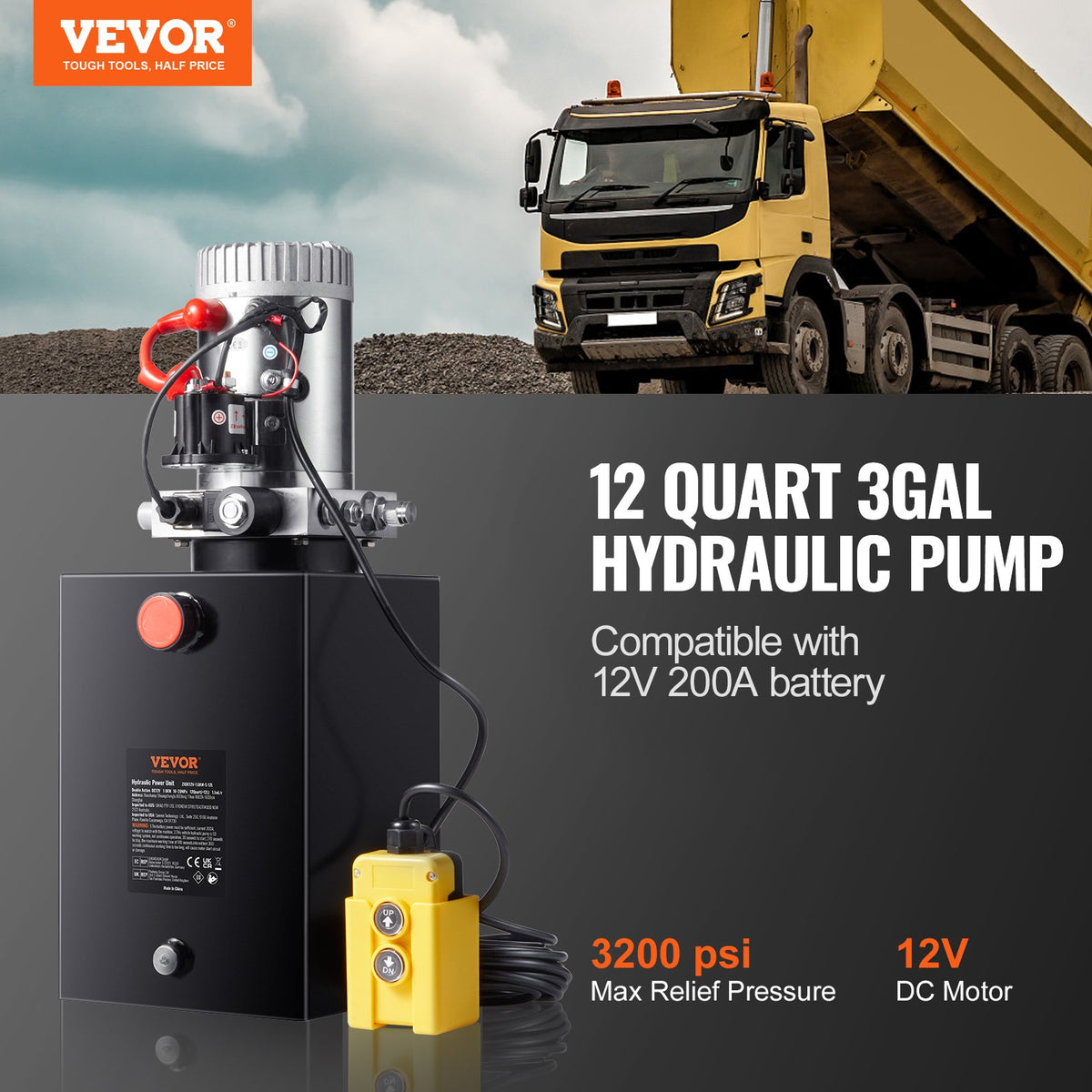 VEVOR Hydraulic Pump, 12 Quart Hydraulic Power Unit, Single Acting Dump Trailer Pump, 0.91 GPM Flow Rate, 3200 PSI Max Relief Pressure, DC 12V Hydraulic Pump for Dump Trailer Car - YXYYB12VZLDJD7581V0 - view 2
