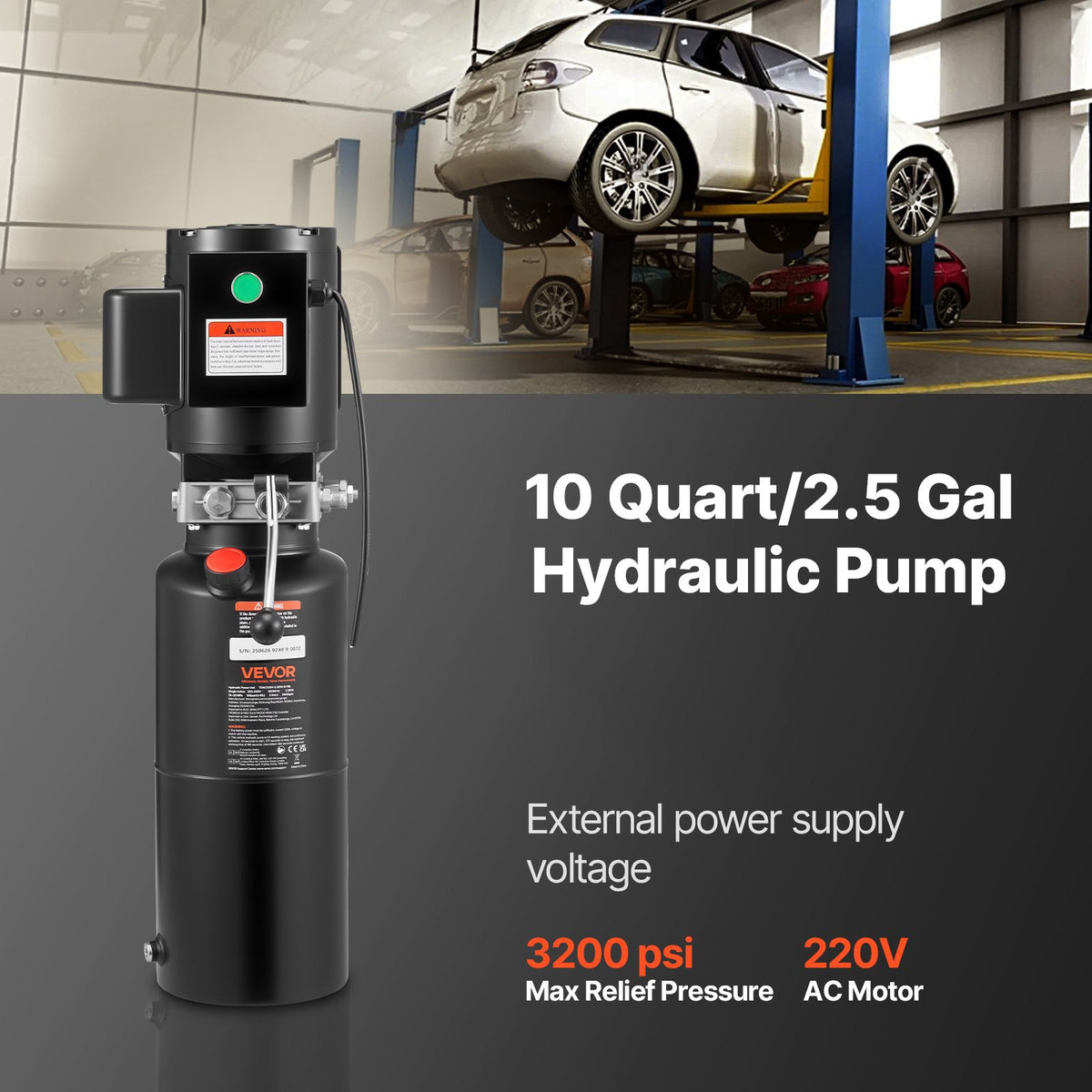 VEVOR Hydraulic Pump Power Unit, AC 220V, 10 Quart Single Acting Hydraulic Unit, 6.3 L/min Oil Flow, Max Discharge Pressure 22 MPa for Dump Truck, Auto Repair Garage, Car Lifting - YXYYB220VJLD2PVAG001V7 - view 2