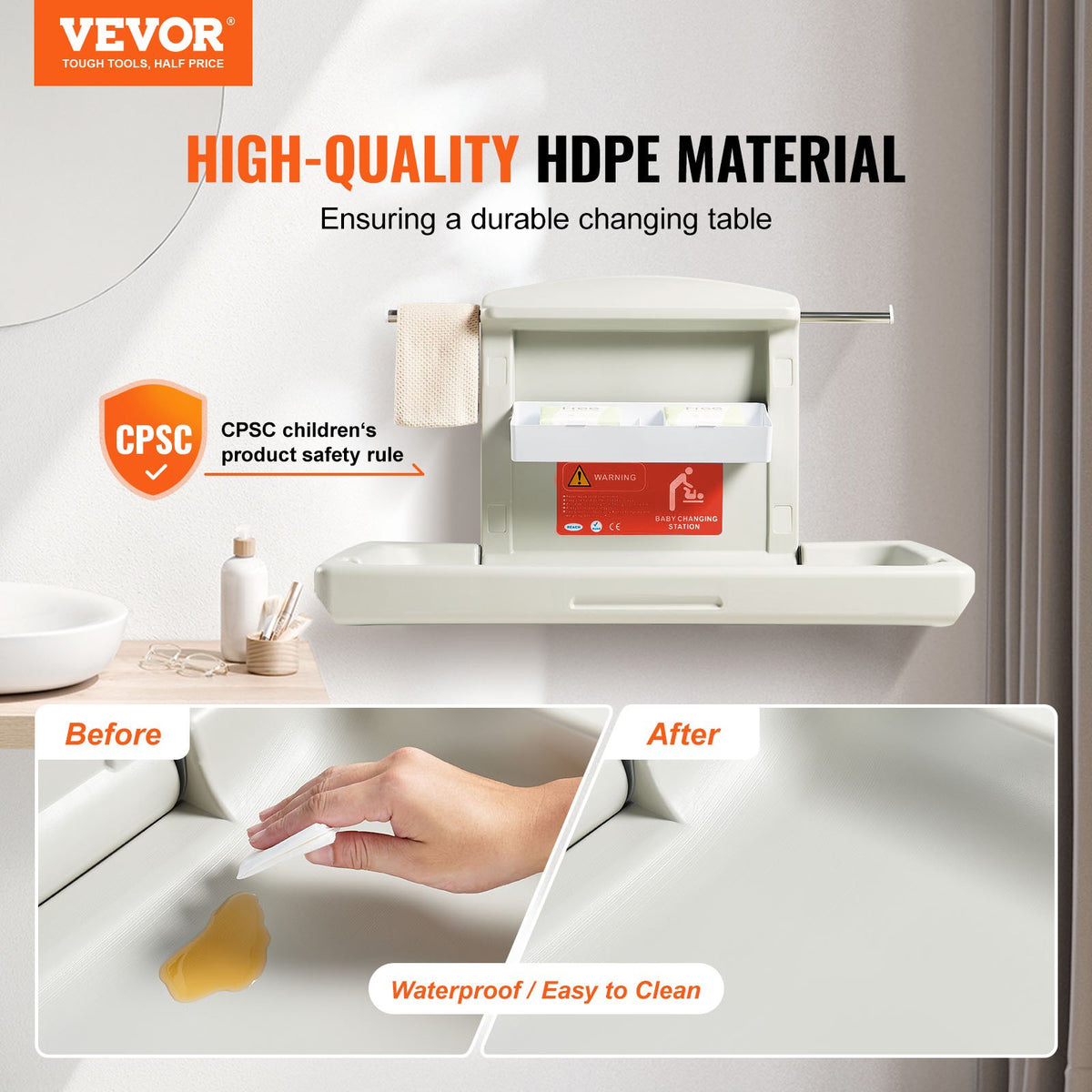 VEVOR Wall-Mounted Baby Changing Station, Horizontal Foldable Diaper Change Table with Safety Straps and Hanging Rods, Use in Commercial Bathrooms, Daycare Centers for Newborns & - YYSNBTHS0000EZO8FV0 - view 2