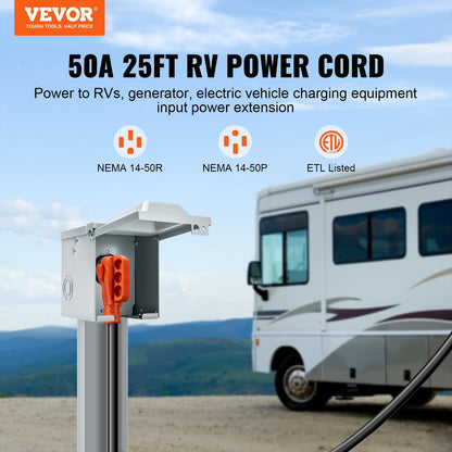 VEVOR 25 ft RV Extension Cord, 50 Amp, Heavy Duty STW RV Power Cord, NEMA 14-50R Female NEMA 14-50P Male Plug, with LED Indicator Handle 15A Adapter, for RVs, trams, generators, - YZXCSRVNEMA14SZ21V1 - view 2