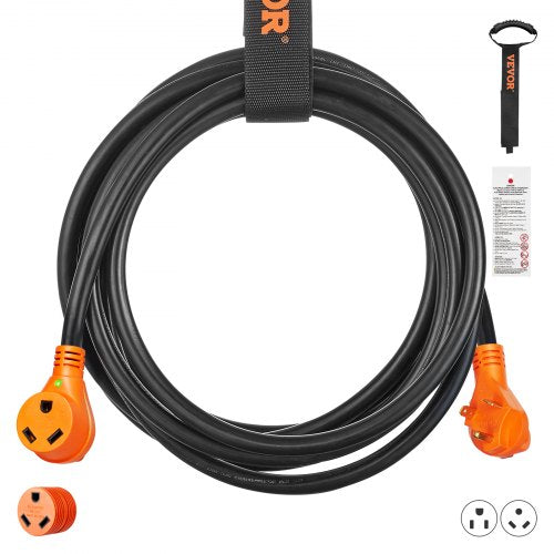VEVOR 50 ft RV Extension Cord, 30 Amp, Heavy Duty STW RV Power Cord, NEMA TT-30R Female NEMA TT-30P Male Plug, with LED Indicator Handle 15A Adapter, for RVs, trams, generators, - YZXCSRVNEMATTNSFAV1 - view 1