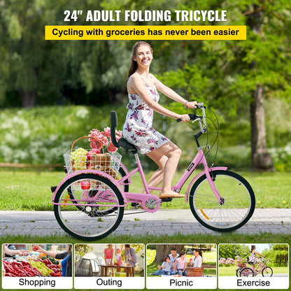 VEVOR Tricycle Adult 24’’ Wheels Adult Tricycle 7-Speed 3 Wheel Bikes For Adults Three Wheel Bike For Adults Adult Trike Adult Folding Tricycle Foldable Adult Tricycle 3 Wheel - ZDCLC24C7SPINK001V0 - view 2