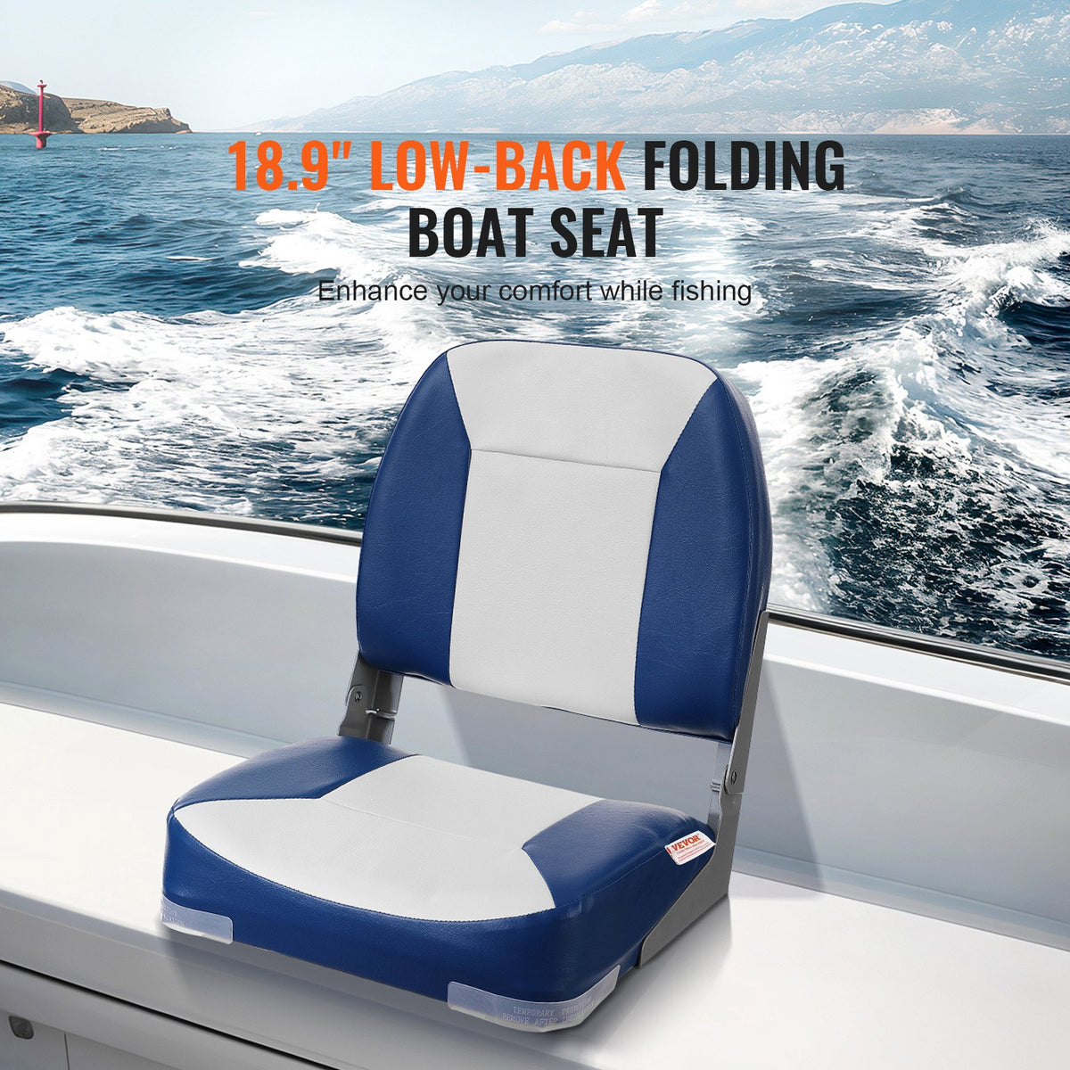 VEVOR Boat Seat, 18.9" Low Back Boat Seat, Folding Boat Chair with Thickened Sponge Padding and Hinge, Fold-Down Boat Captain Chair for Fishing Boat, Sightseeing Boat, Speedboat, - ZDCZYDKB1J008NUH0V0 - view 2