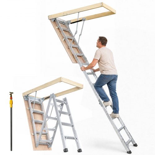 VEVOR Attic Ladder Foldable, 350-pound Capacity, 22.5" x 63", Multi-Purpose Aluminium Extension, Lightweight and Portable, Fits 9.5'-12' Ceiling Heights, Convenient Access to Your - ZDKKSGLTLHJ3WVQM2V0 - view 1