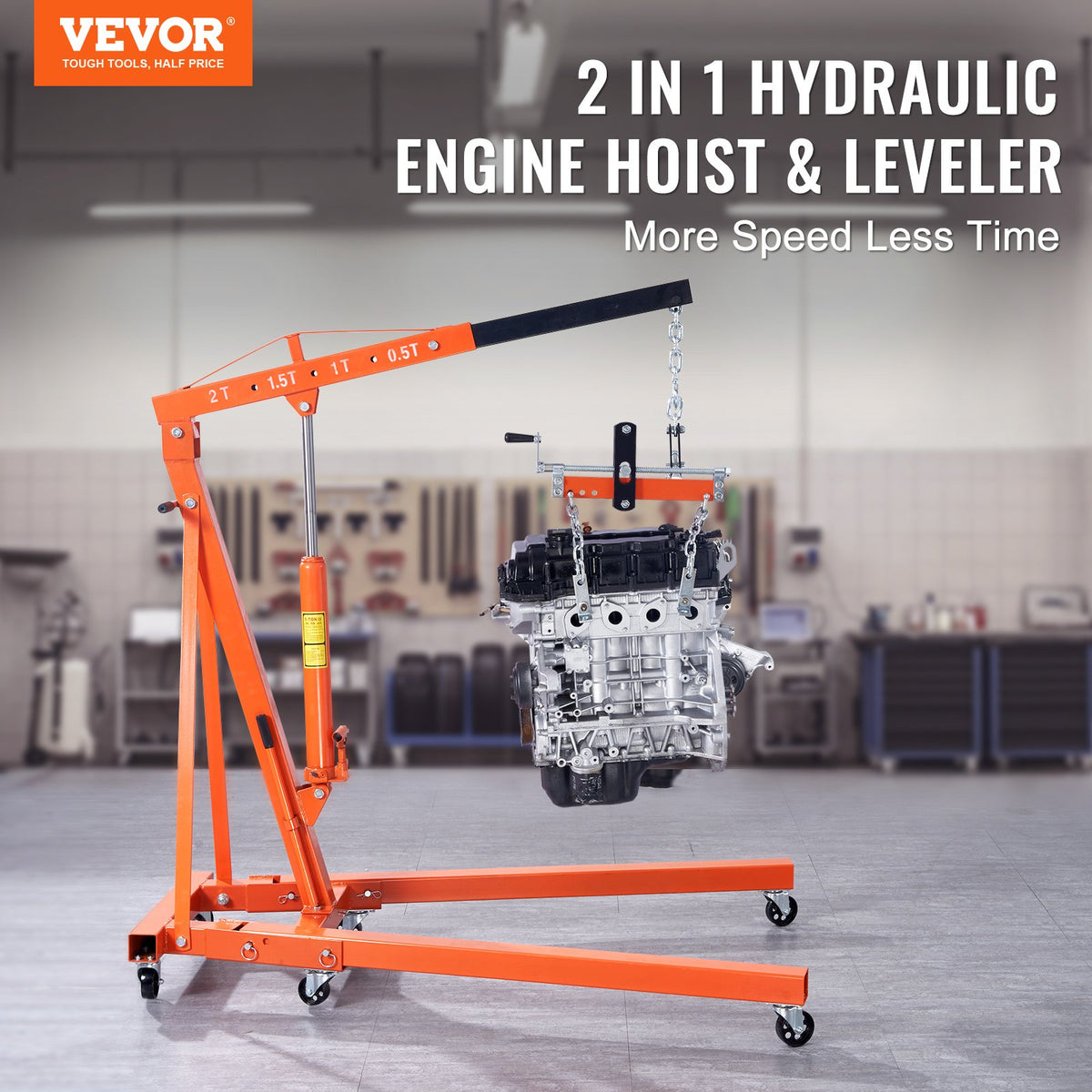 VEVOR Hydraulic Engine Hoist with Lever, 2 Ton/4400 LBS Heavy-duty Cherry Picker Shop Crane, Foldable Engine Crane and Engine Hoist leveler for Auto Repair, Motors, Weights - ZDSFDJQZJCJH2V44JV0 - view 2