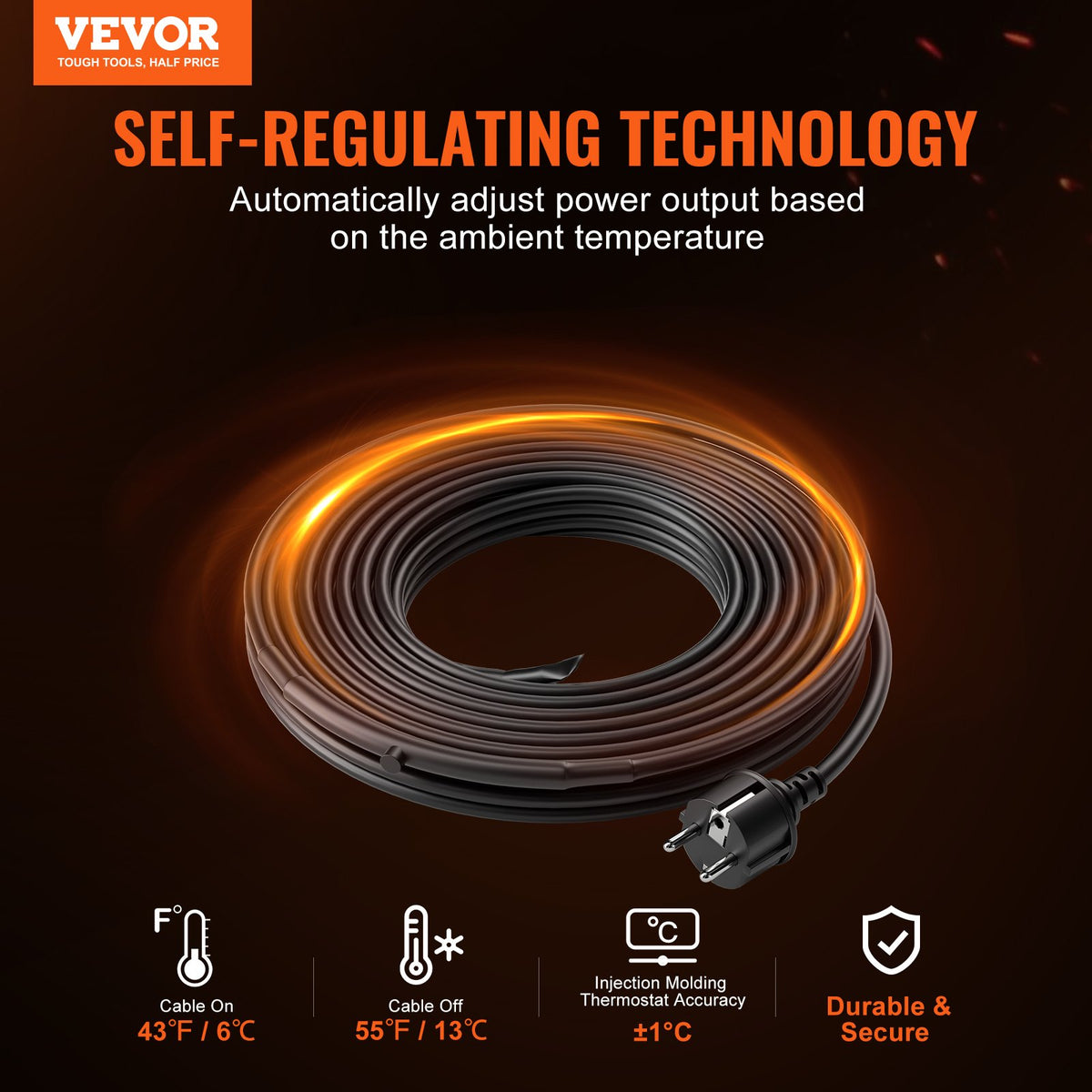 VEVOR Self-Regulating Pipe Heating Cable, 60-feet 5W/ft Heat Tape for Pipes Freeze Protection, Protects PVC Hose, Metal and Plastic Pipe from Freezing, 120V - ZDWGDJRDLDGWQV23EV1 - view 2