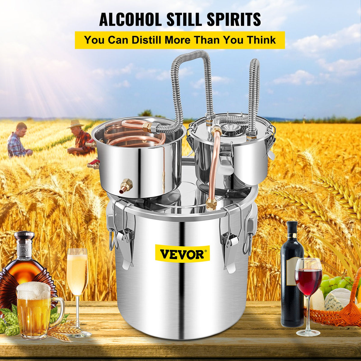 VEVOR Alcohol Still, 13.2Gal / 50L Stainless Steel Water Alcohol Distiller Copper Tube Home Brewing Kit Build-in Thermometer for DIY Whisky Wine Brandy, Silver - ZLQSLNTDBM50LUIFKV1 - view 2