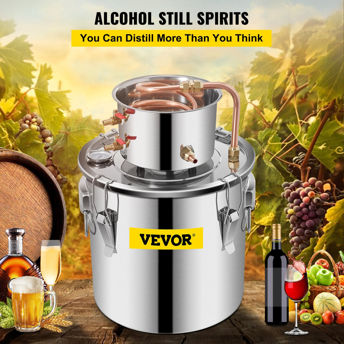VEVOR Alcohol Still 5Gal/21L, Alcohol Distiller with Circulating Pump, Alcohol Still Copper Tube, Whiskey Distilling Kit with Build-In Thermometer, Whiskey Making Kit for DIY Alcohol, Stainless Steel - ZLSJ5GALDTDB00001V1 - view 2