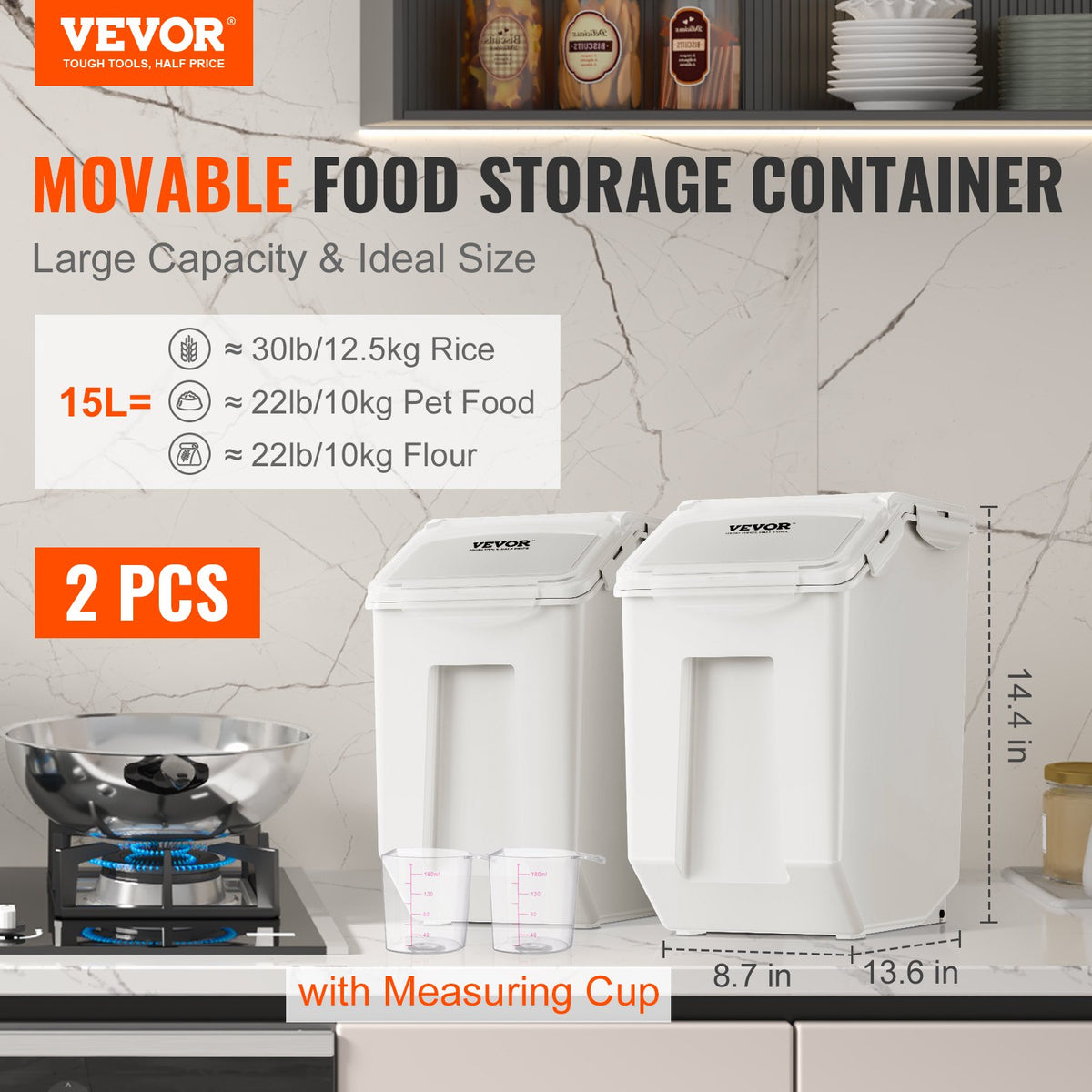 VEVOR Ingredient Storage Bin, 2 x 15L Dispenser Bin with 2 Measuring Cups, Attachable Casters and Airtight Lid, 2 Pcs/Set Dog Pet Food Storage Container, PP Material Kitchen Rice Cereal Flour Bin - ZMXMX215L2CHMATLFV0 - view 2