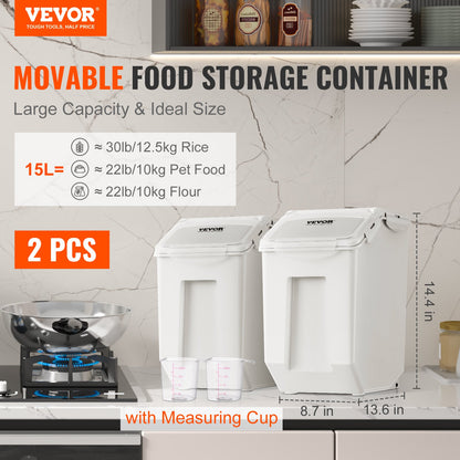 VEVOR Ingredient Storage Bin, 2 x 15L Dispenser Bin with 2 Measuring Cups, Attachable Casters and Airtight Lid, 2 Pcs/Set Dog Pet Food Storage Container, PP Material Kitchen Rice Cereal Flour Bin - ZMXMX215L2CHMATLFV0 - view 2