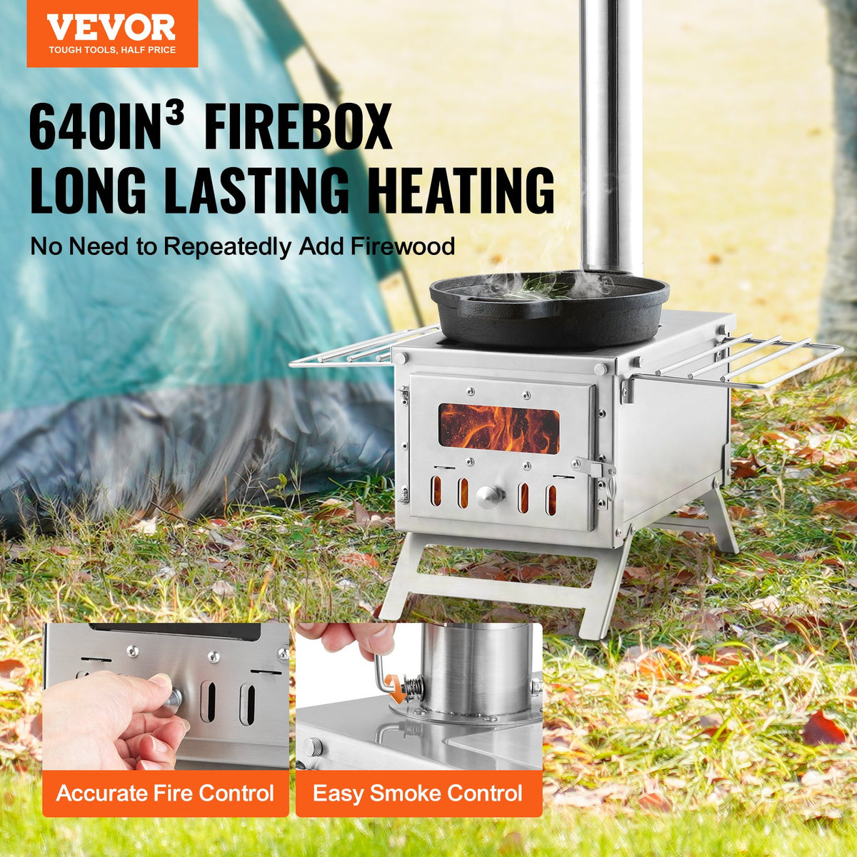 VEVOR Portable Wood Burning Camping Stove with Chimney Pipe Kit, Tent Stove for Outdoor Cooking and Hot Tent Heating, Multiple Sizes - ZPQNLFX80INCHMHMCV0 - view 2