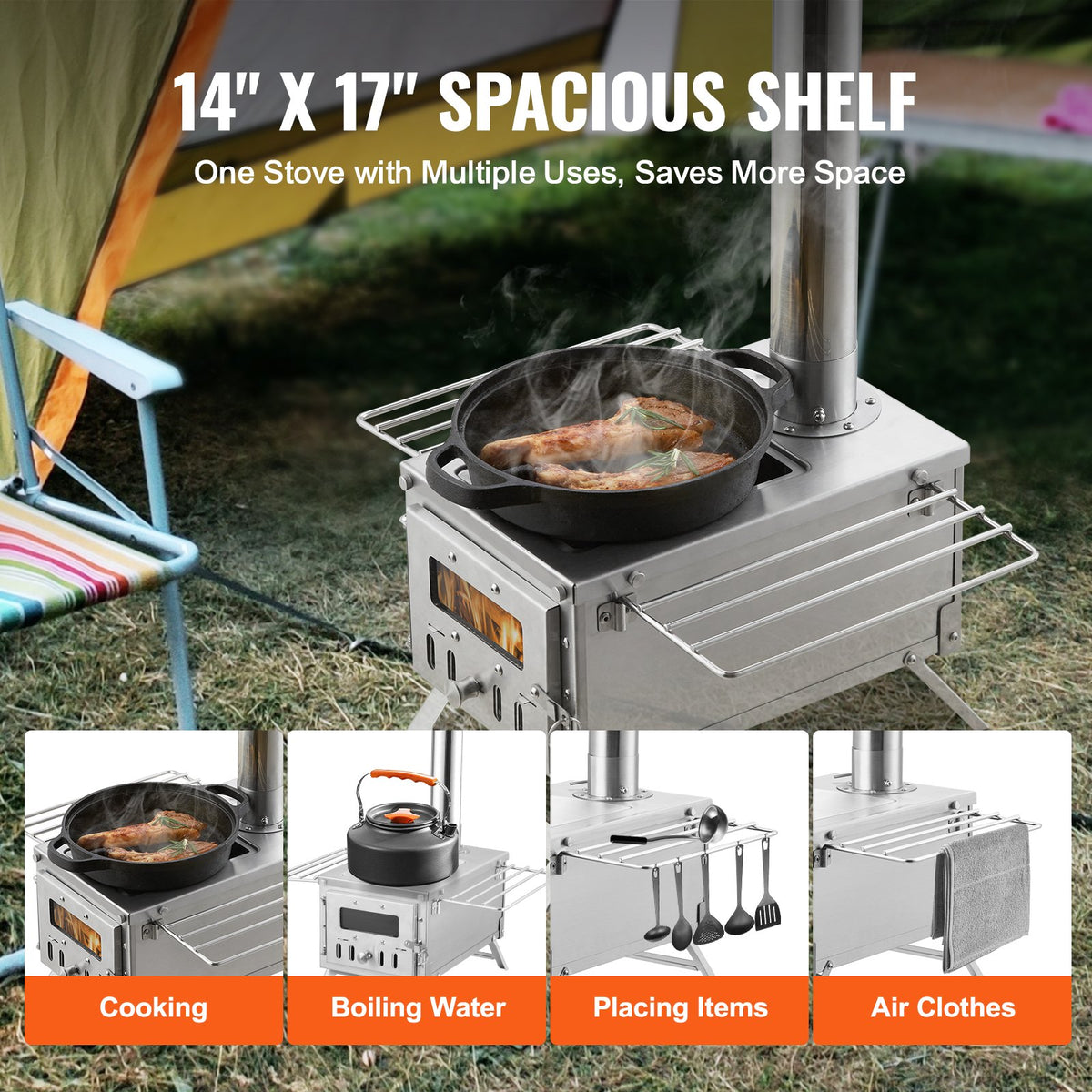 VEVOR Portable Wood Burning Camping Stove with Chimney Pipe Kit, Tent Stove for Outdoor Cooking and Hot Tent Heating, Multiple Sizes - ZPQNLFX80INCHMHMCV0 - view 3