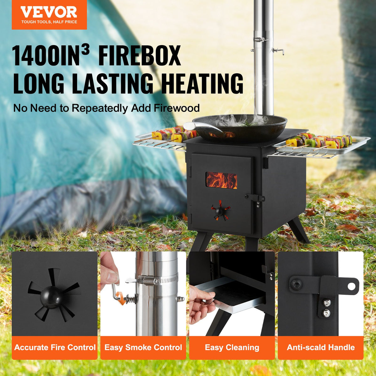 VEVOR Portable Wood Burning Camping Stove with Chimney Pipe Kit, Tent Stove for Outdoor Cooking and Hot Tent Heating, Multiple Sizes - ZPQNLFX86INCH1GEGV0 - view 2