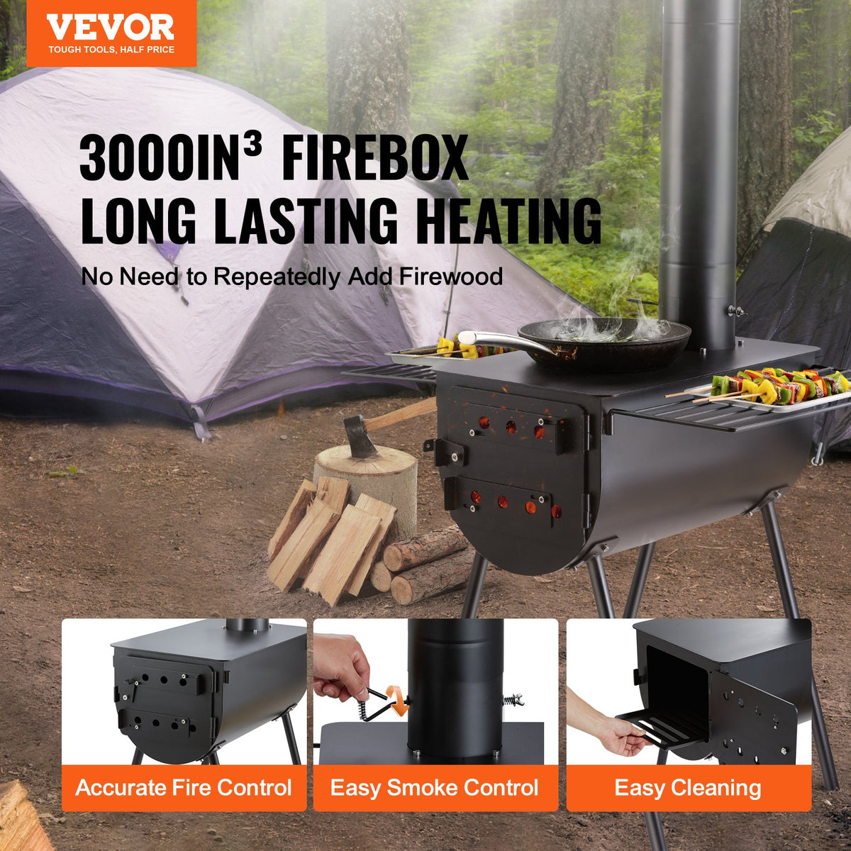 VEVOR Portable Wood Burning Camping Stove with Chimney Pipe Kit, Tent Stove for Outdoor Cooking and Hot Tent Heating, Multiple Sizes - ZPQNLY118INCH0BTVV0 - view 2