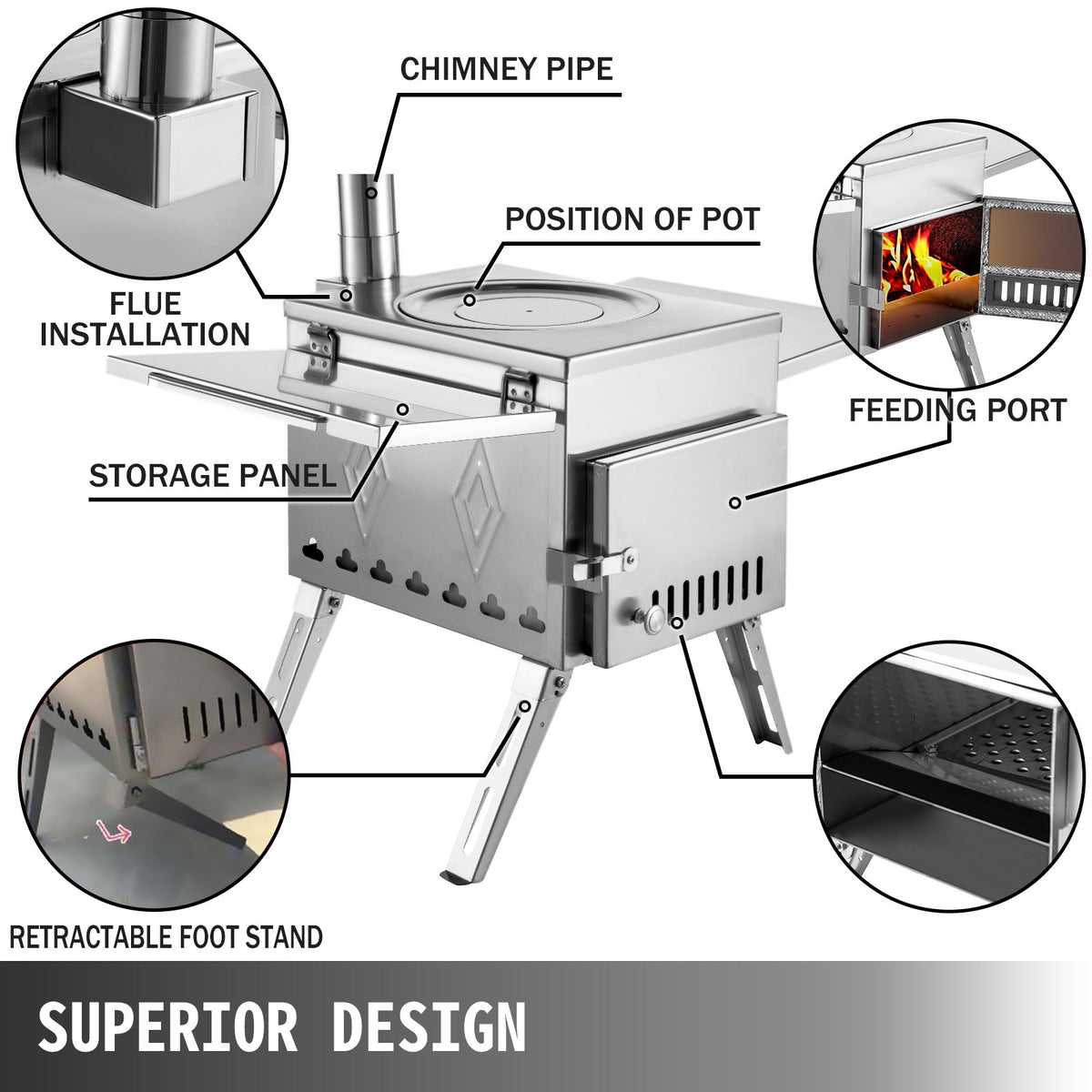 VEVOR Portable Wood Burning Camping Stove with Chimney Pipe Kit, Tent Stove for Outdoor Cooking and Hot Tent Heating, Multiple Sizes - ZPQNLYXBXGL000001V0 - view 3