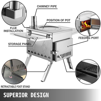 VEVOR Portable Wood Burning Camping Stove with Chimney Pipe Kit, Tent Stove for Outdoor Cooking and Hot Tent Heating, Multiple Sizes - ZPQNLYXBXGL000001V0 - view 3