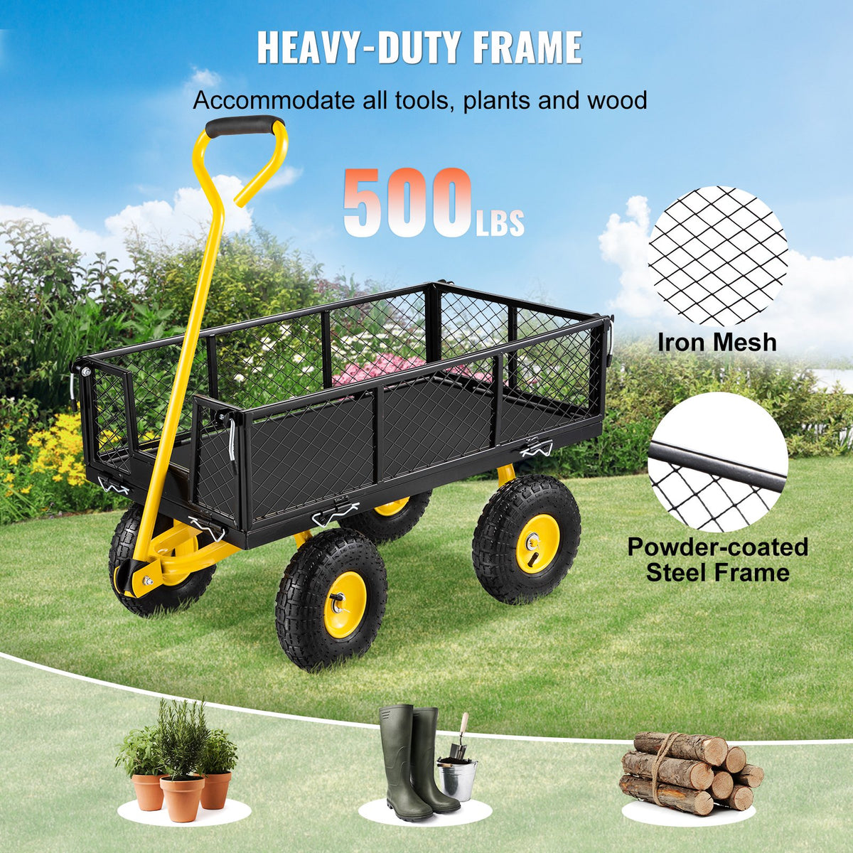 VEVOR Steel Garden Cart, Heavy Duty 500 lbs Capacity, with Removable Mesh Sides to Convert into Flatbed, Utility Metal Wagon with 180° Rotating Handle and 10 in Tires, Perfect for - ZXHYTCHSBB5009EM3V0 - view 3
