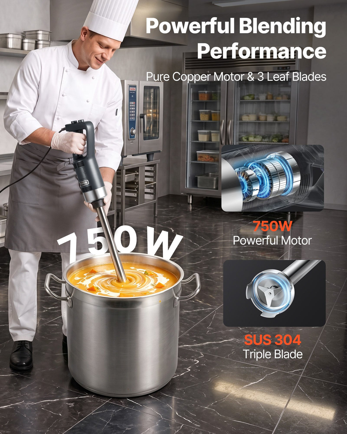 VEVOR Commercial Immersion Blender, 750W 20" Heavy Duty Hand Mixer, Variable Speed Kitchen Stick Mixer with 304 Stainless Steel Blade, Multi-Purpose Portable Mixer for Soup, - ZXSCJBQYCBSDJM9WCV1 - view 2