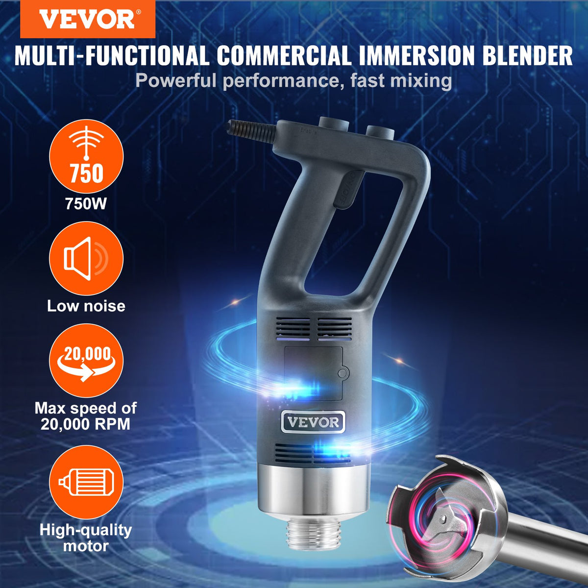 VEVOR Commercial Immersion Blender, 750W 12" Heavy Duty Hand Mixer, Variable Speed Kitchen Stick Mixer with 304 Stainless Steel Blade, Multi-Purpose Portable Mixer for Soup, - ZXSCJBQYCBSDJVG6KV1 - view 2