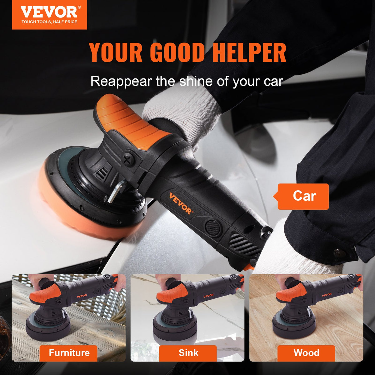 VEVOR Buffer Polisher, 6-Inch Random Orbital Polisher for Car Detailing, 6 Variable Speed 1900-4600RPM Dual Action Polisher Waxer Kit, with Detachable Handle for Car, Boat, - ZYJQCPG60110VZMGAV1 - view 2