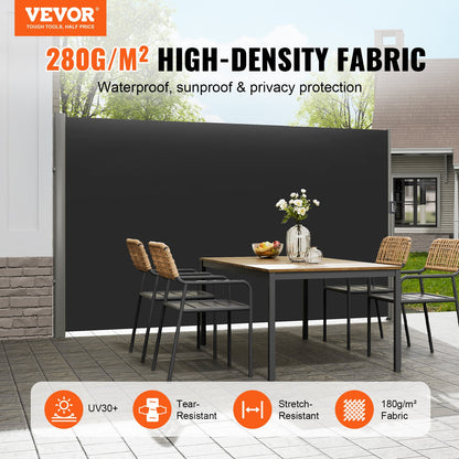 VEVOR Retractable Side Awning, 63''x 118'' Aluminum Outdoor Privacy Screen, 280g Polyester Water-proof Retractable Patio Screen, UV 30+ Room Divider Wind Screen for Patio, Backyard, Balcony, Black - ZYPF160X300CMBK01V0 - view 2