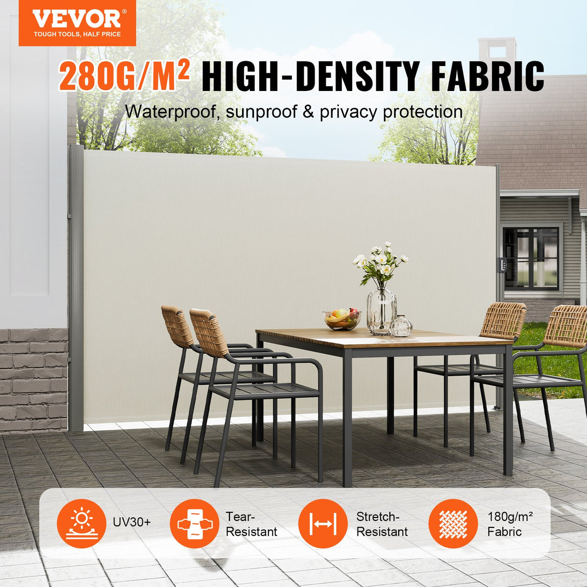 VEVOR Retractable Side Awning, 63''x 118'' Aluminum Outdoor Privacy Screen, 280g Polyester Water-proof Retractable Patio Screen, UV 30+ Room Divider Wind Screen for Patio, Backyard, Balcony, Beige - ZYPF160X300CMM001V0 - view 2