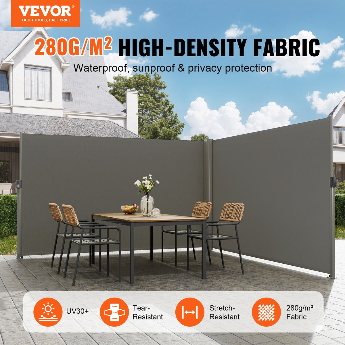 VEVOR Retractable Side Awning, 63''x 236'' Aluminum Outdoor Privacy Screen, 280g Polyester Water-proof Retractable Patio Screen, UV 30+ Room Divider Wind Screen for Patio, Backyard, Balcony, Gray - ZYPF160X600CMGY01V0 - view 2