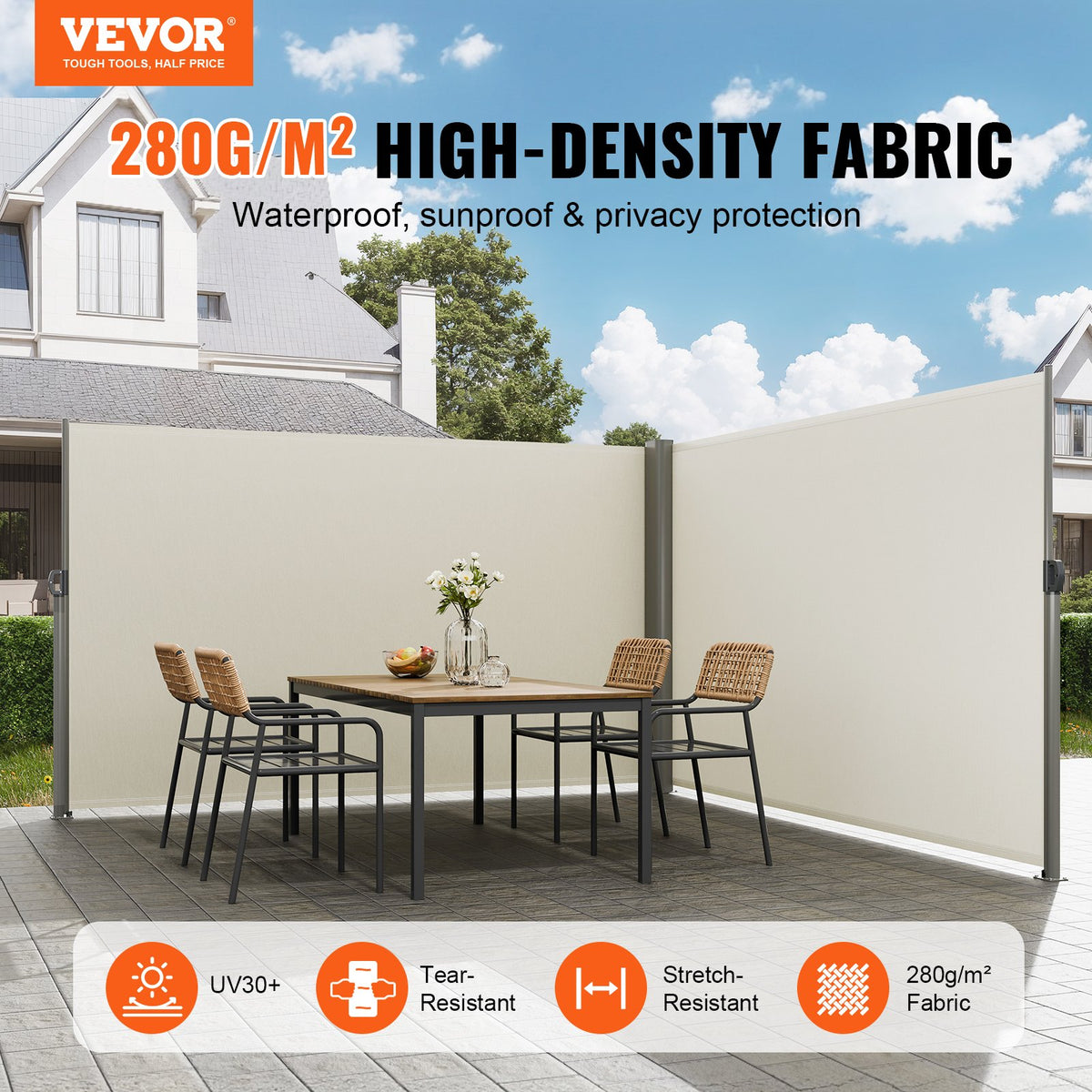 VEVOR Retractable Side Awning, 63''x 236'' Aluminum Outdoor Privacy Screen, 280g Polyester Water-proof Retractable Patio Screen, UV 30+ Room Divider Wind Screen for Patio, Backyard, Balcony, Beige - ZYPF160X600CMM001V0 - view 2