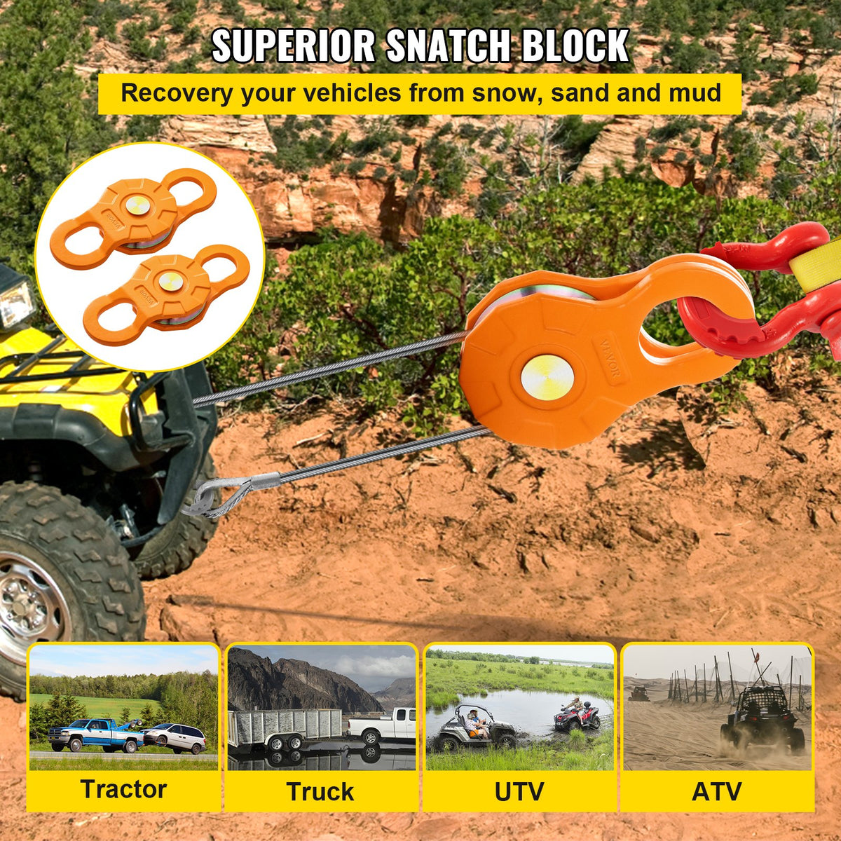 VEVOR Snatch Block, 11T/25,000 LBS Working Load Limit, Heavy Duty Winch Pulley for 0.55\"/14 mm Synthetic Rope or Soft Shackles, Off-Road Recovery Accessories for Tractor, Truck, - ZZDZJCH225000CSSEV0 - view 2