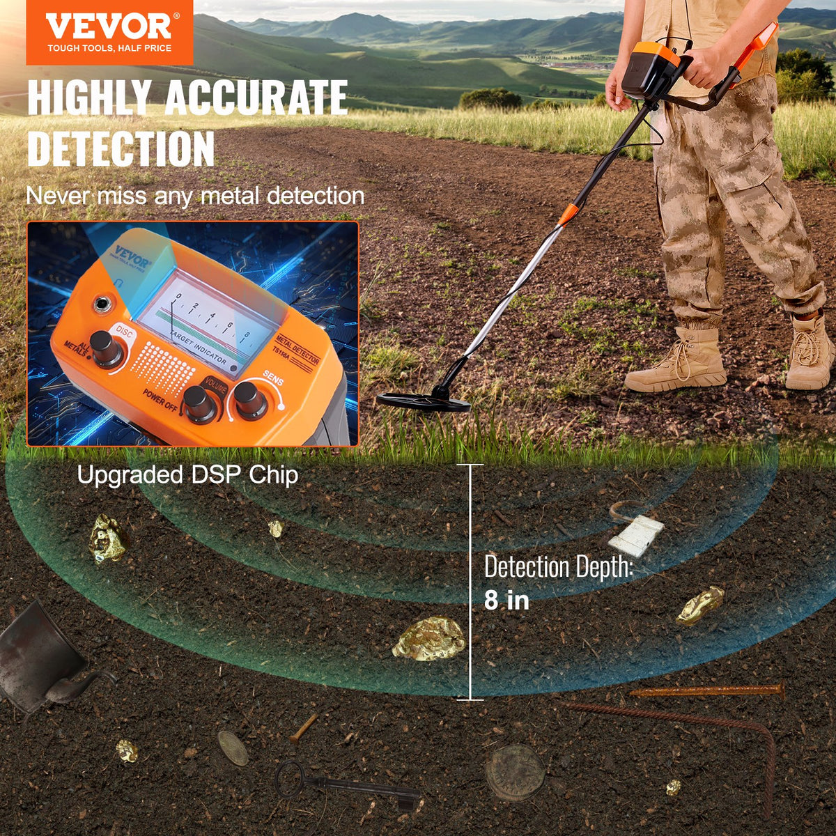VEVOR Metal Detector for Adults & Kids, 8 Inch Waterproof Search Coil with High Accuracy Pointer Display, Adjustable 38''-49'' Gold Detector, Lightweight Aluminum Stem for Detecting Gold Treasure - ZZSJSTCQY82109C07V0 - view 2
