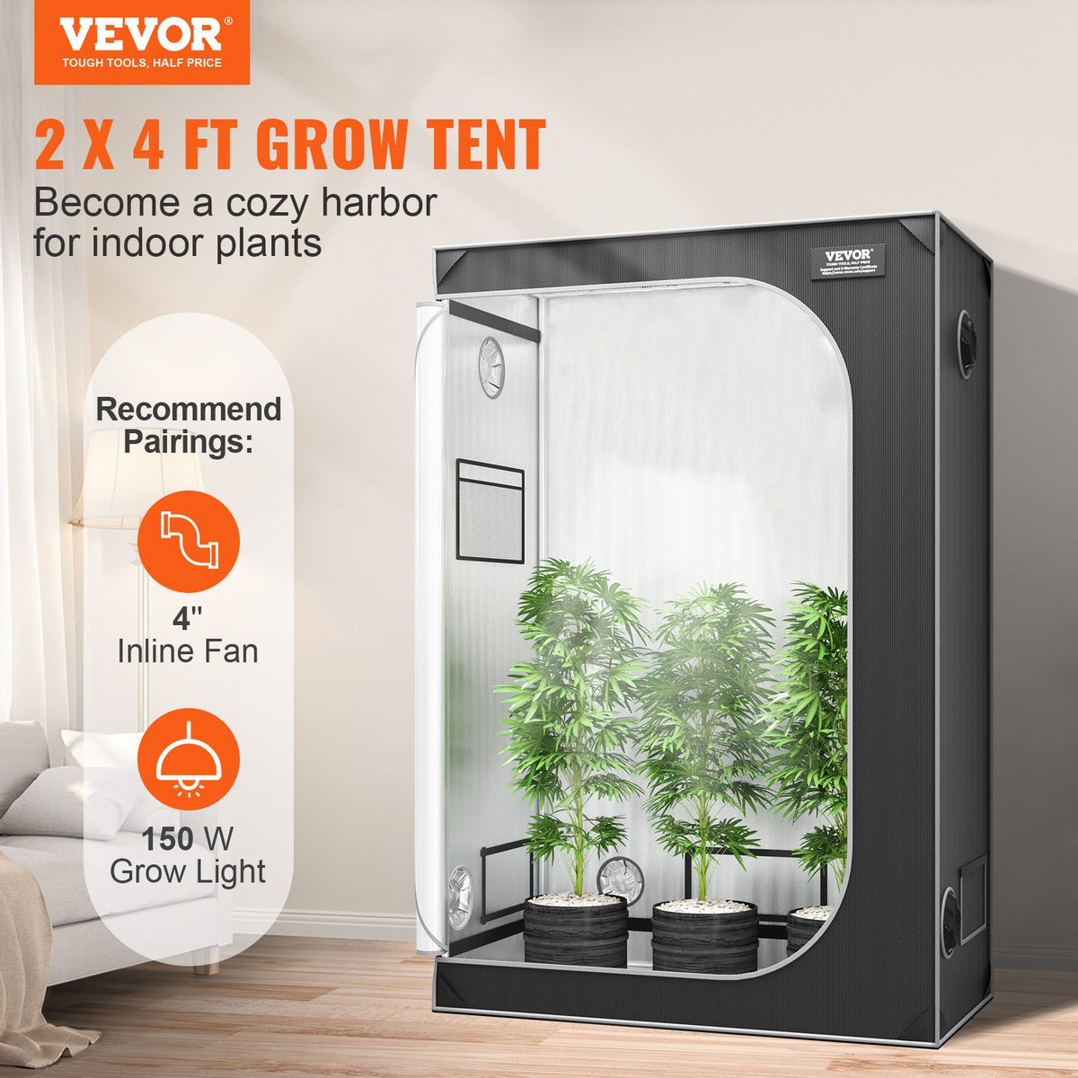VEVOR 2x4 Grow Tent, 48'' x 24'' x 72'', High Reflective 2000D Mylar Hydroponic Growing Tent with Observation Window, Tool Bag and Floor Tray for Indoor Plants Growing - ZZZPJSJSJTHSH52N5V0 - view 2