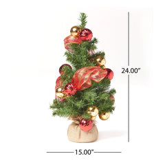 2' Red Gold Burlap Christmas Tree with 50 LED Lights - Battery Operated