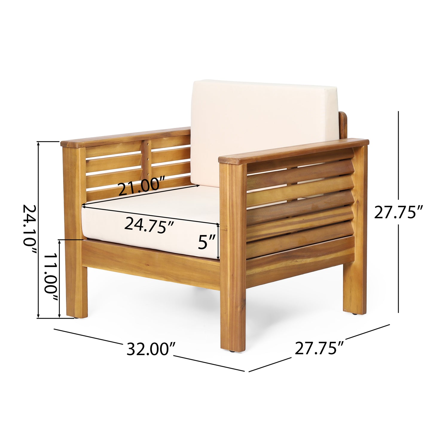 (Set of 2) Outdoor Acacia Wood Club Chairs with Cushions, Teak+Beige, 27.75"D x 32"W x 27.75"H image 4
