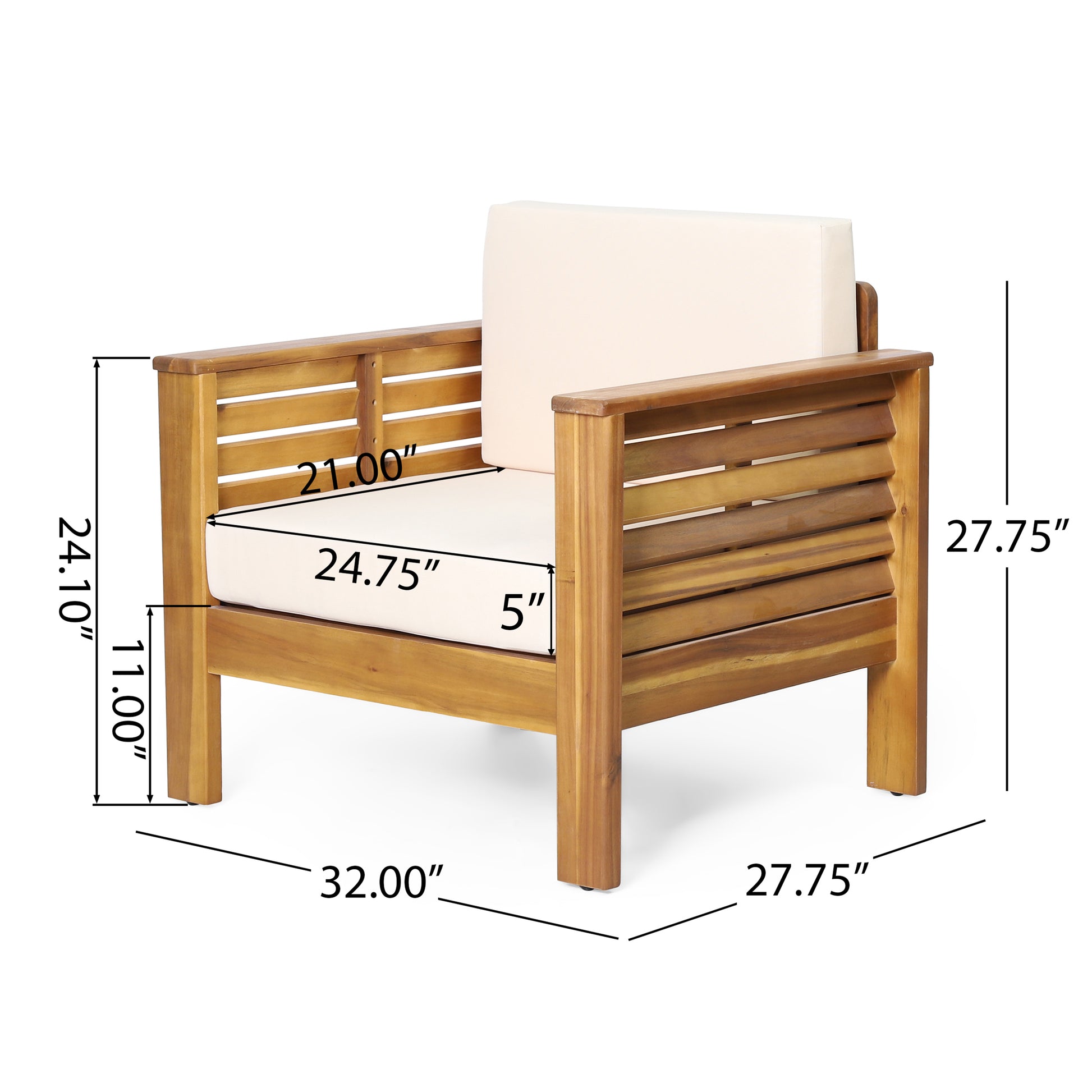 (Set of 2) Outdoor Acacia Wood Club Chairs with Cushions, Teak+Beige, 27.75"D x 32"W x 27.75"H image 4