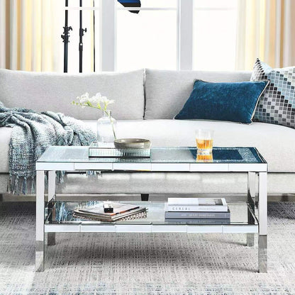 W 39.5" X D 19.5"X H 19.5" 2-layer crystal mirror stainless steel frame coffee table for use in offices, shops, living r image 4